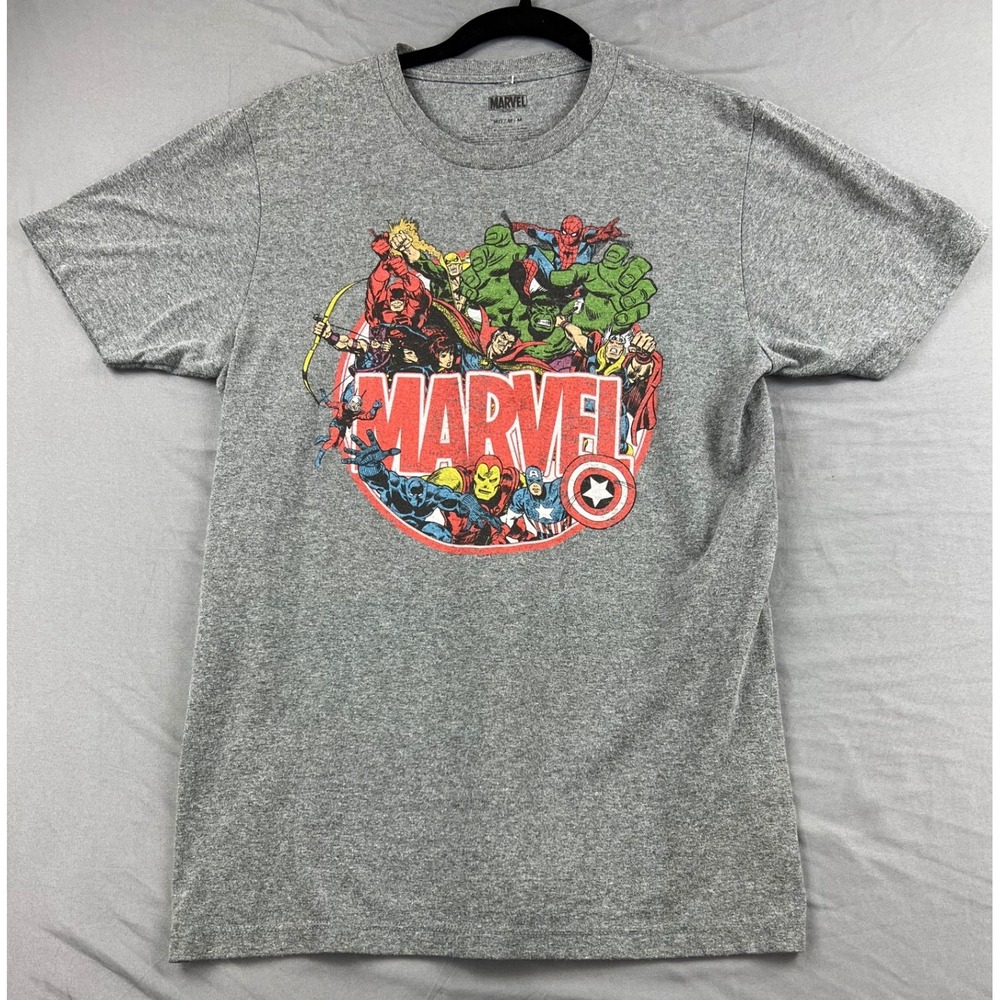 Marvel Comics Graphic T-Shirt Mens Medium Gray Good Avengers Spider-Man Hulk Tee